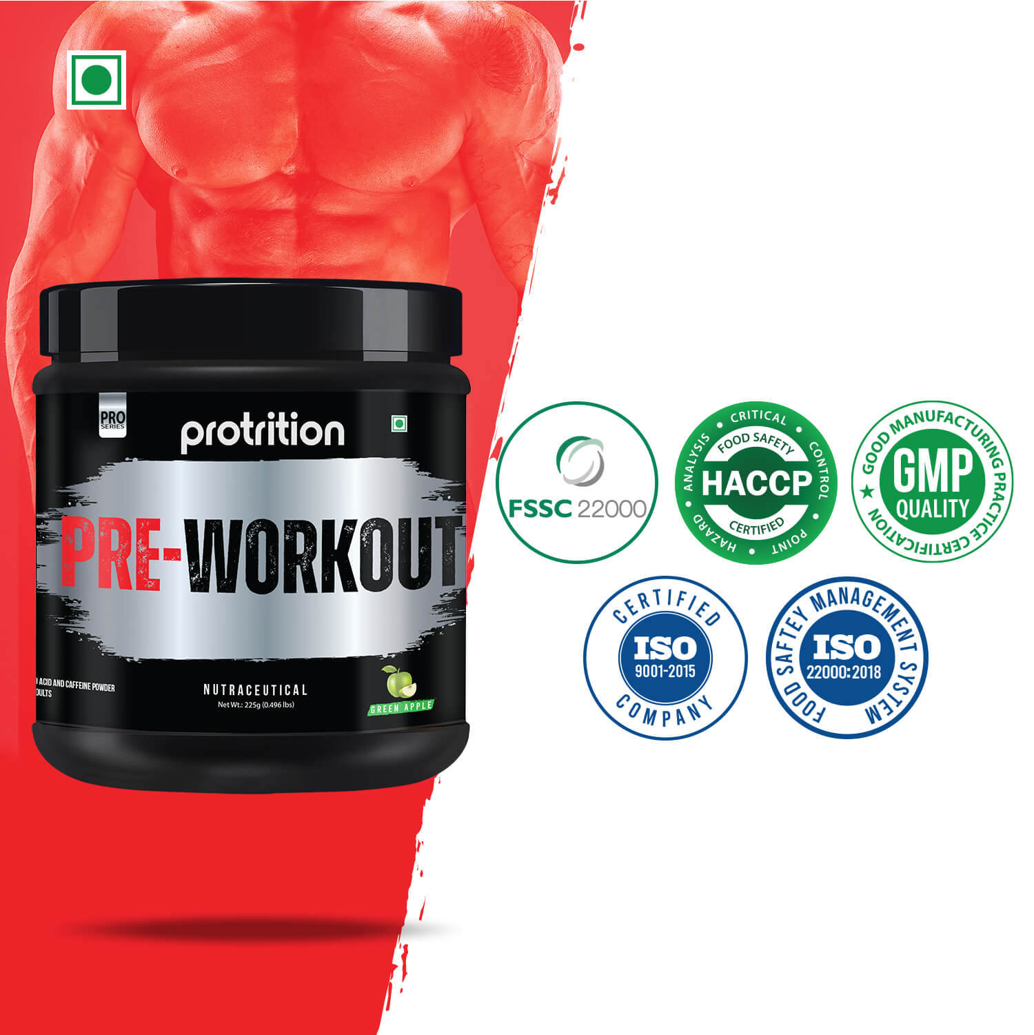 Protrition Pre Workout, Green Apple, 225g