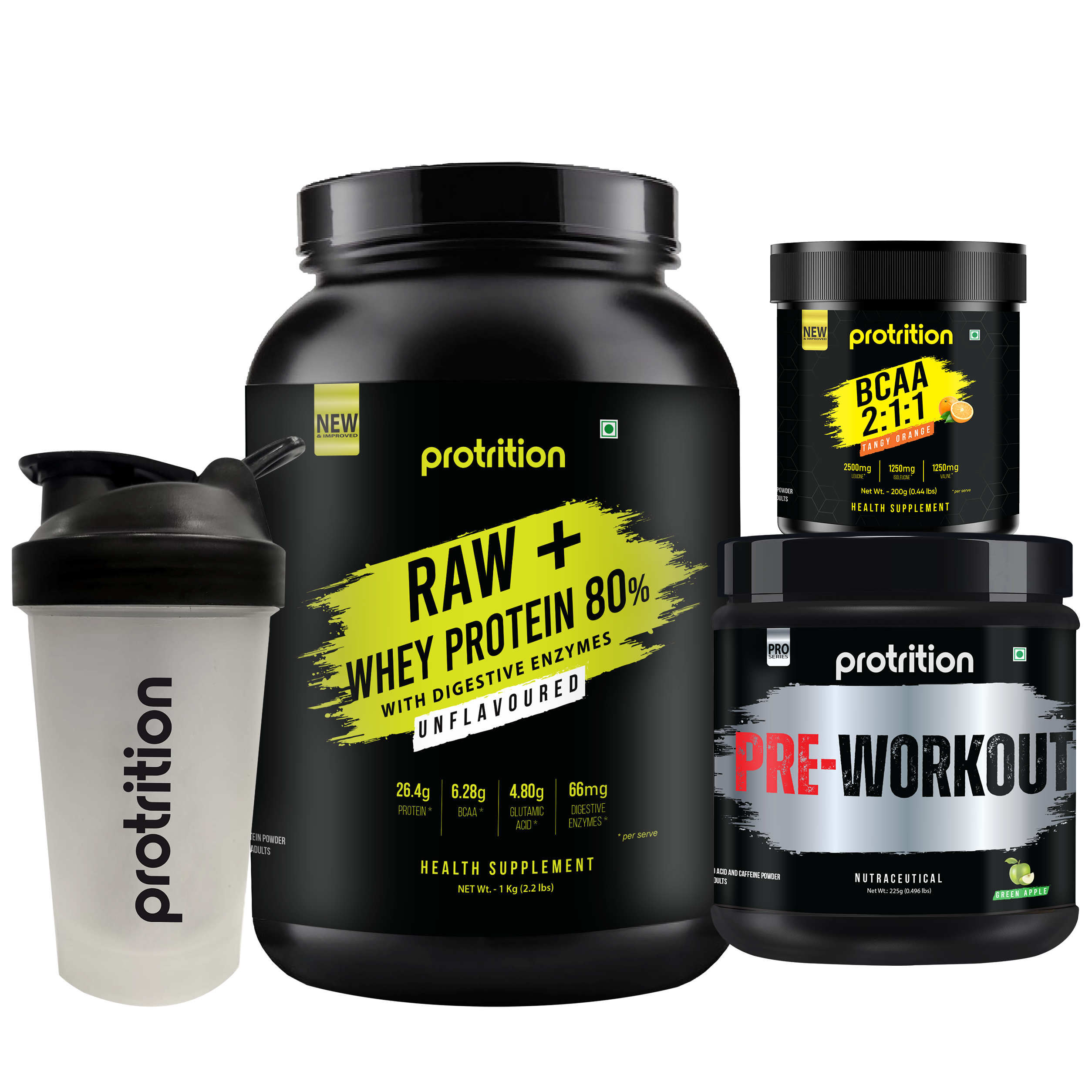 Raw Whey Protein 80% 1kg + Pre-Work Out 225g+ BCAA Orange 200g + Shaker 400ml