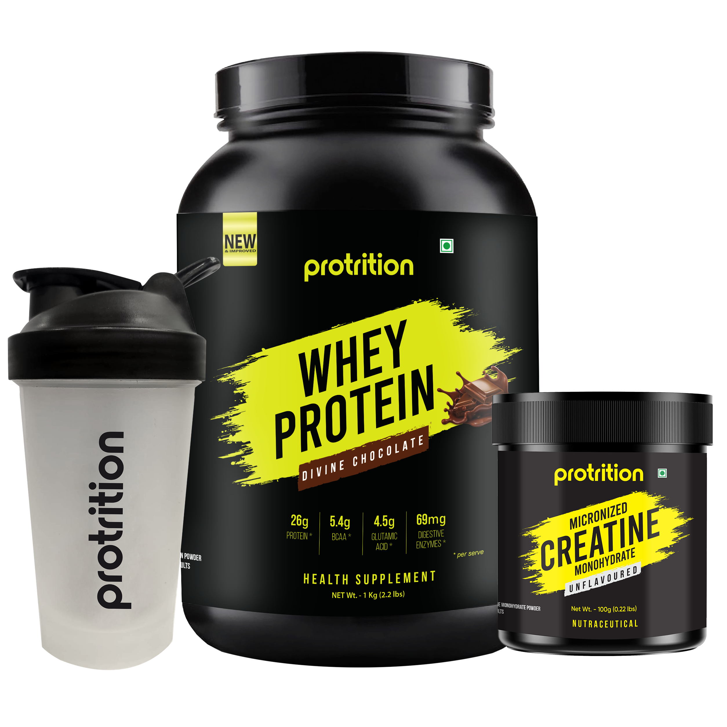 Whey Protein Chocolate 1kg + Creatine Monohydrate 100g + Shaker 400ml