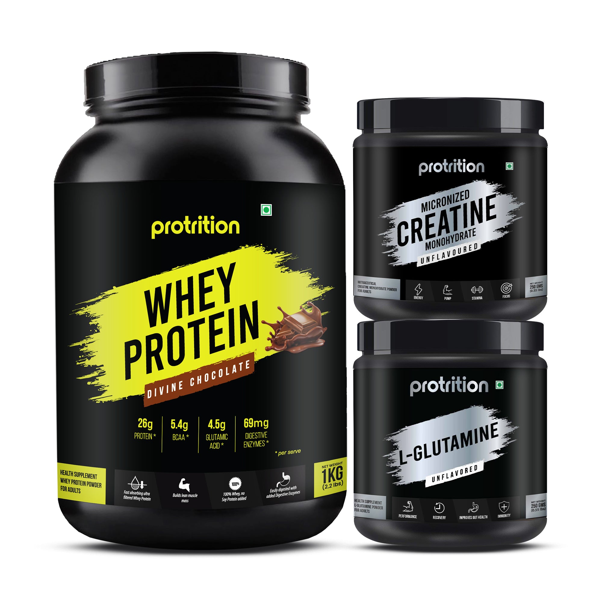 Protrition Whey Protein Divine Chocolate 1kg, Creatine Monohydrate 250 grams & L-Glutamine 250 grams