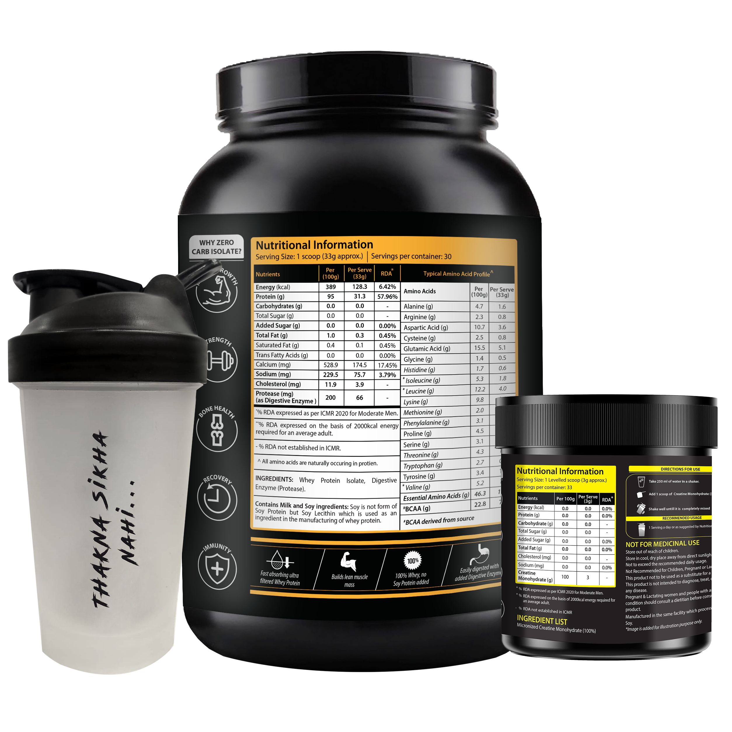 Zero Carb Isolate 95% Unflavoured 1kg + Creatine 100g + Shaker 400ml