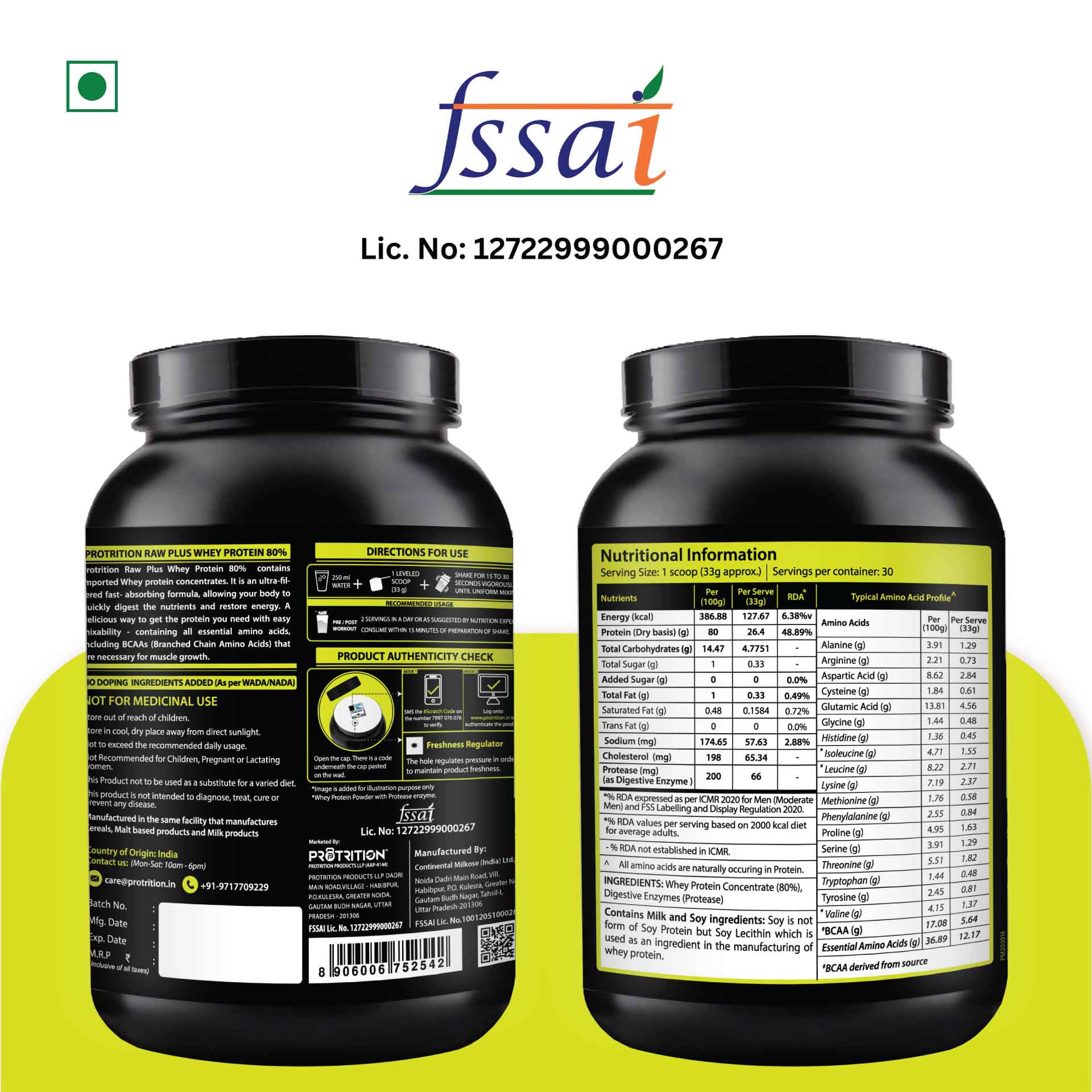 Protrition Raw+Whey Protein 80%, Unflavoured, 1Kg