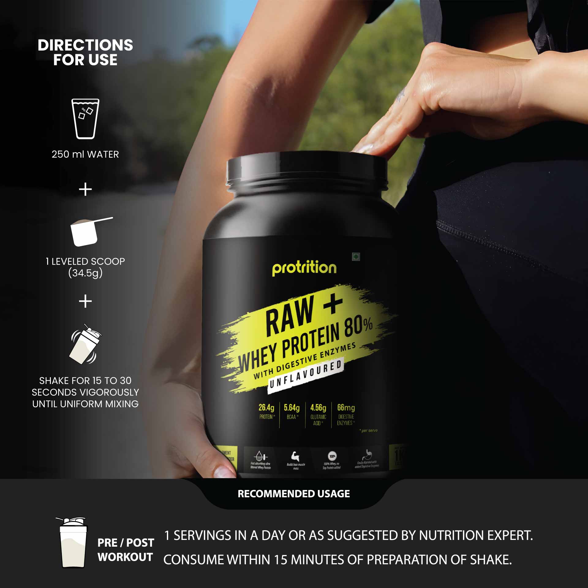 Protrition Raw+Whey Protein 80%, Unflavoured, 1Kg