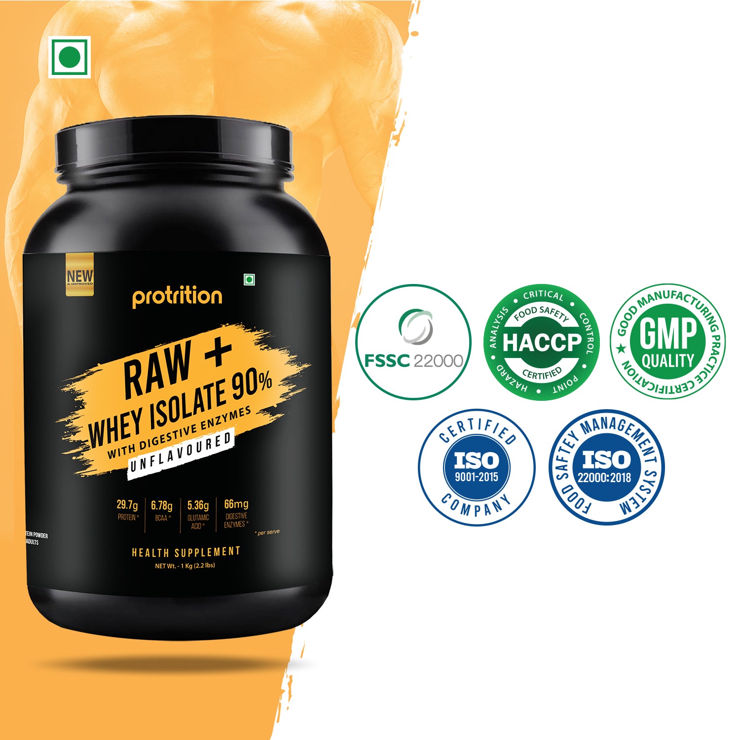 Protrition Raw+Whey Protein Isolate 90%, Unflavoured, 1Kg